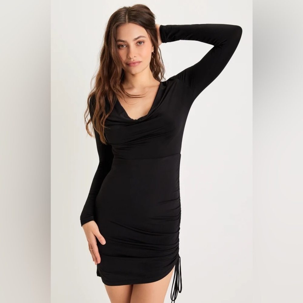 NWT Black Ruched Cowl Neck Long Sleeve Mini Dress